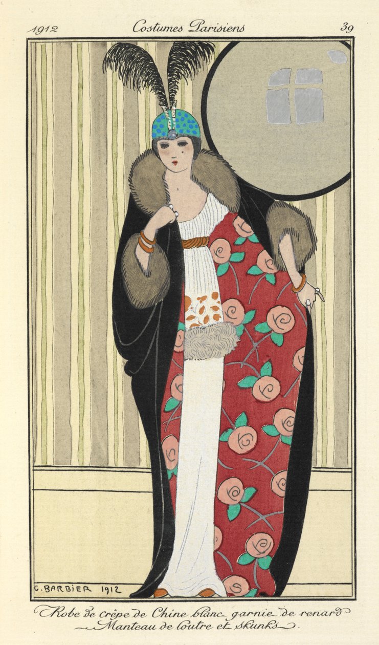 "Robe de crêpe de Chine blanc garnie de renard. Manteau de loutre et skunks" - Georges Barbier