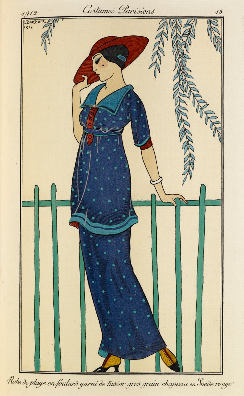 Robe de plage en foulard garni de tussor gros grain chapeau en Suède rouge. Costumes Parisiens no.15. Femme portant une robe de plage et une écharpe en soie brute ornée de gros grain en bleu à pois et un chapeau rouge. - Georges Barbier
