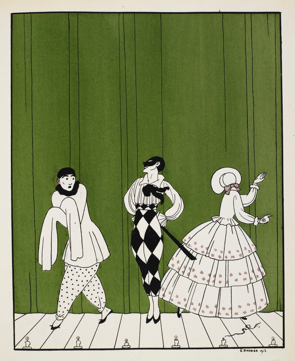 Trois personnages du ballet de 1910, Carnaval, composé par Robert Schumann. À gauche, un artiste mime. Au milieu, un homme vêtu d