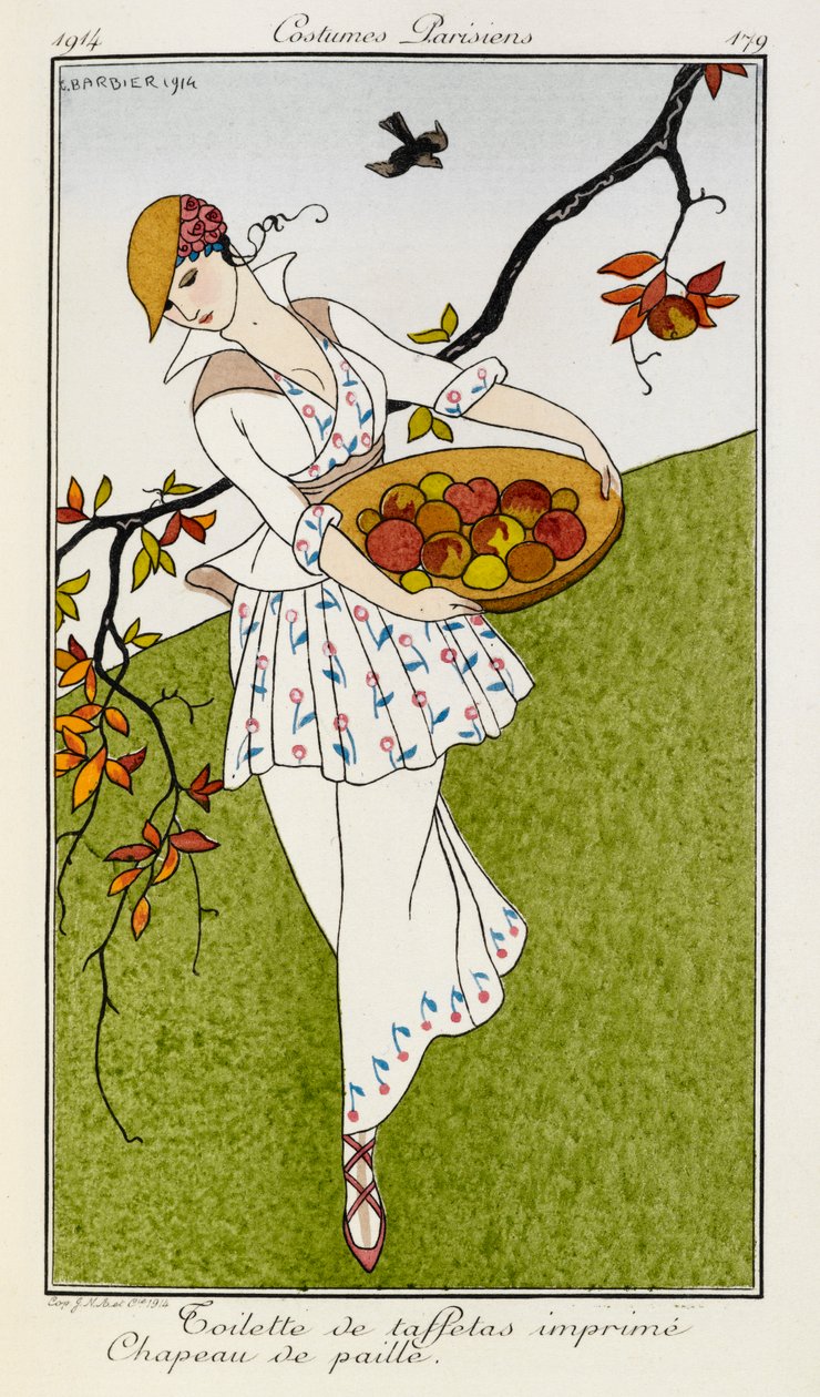 Toilette de taffetas imprimé chapeau de paille. Costumes Parisiens no.179. Une femme portant une tenue imprimée en soie et un chapeau de paille. Elle porte un bol de fruits. - Georges Barbier