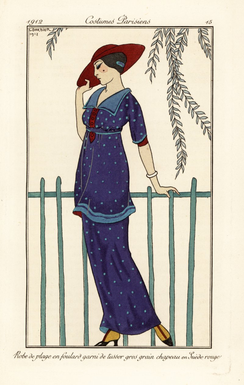 Femme en robe de plage en foulard garni de gros grain tussor, chapeau en suède rouge - Georges Barbier
