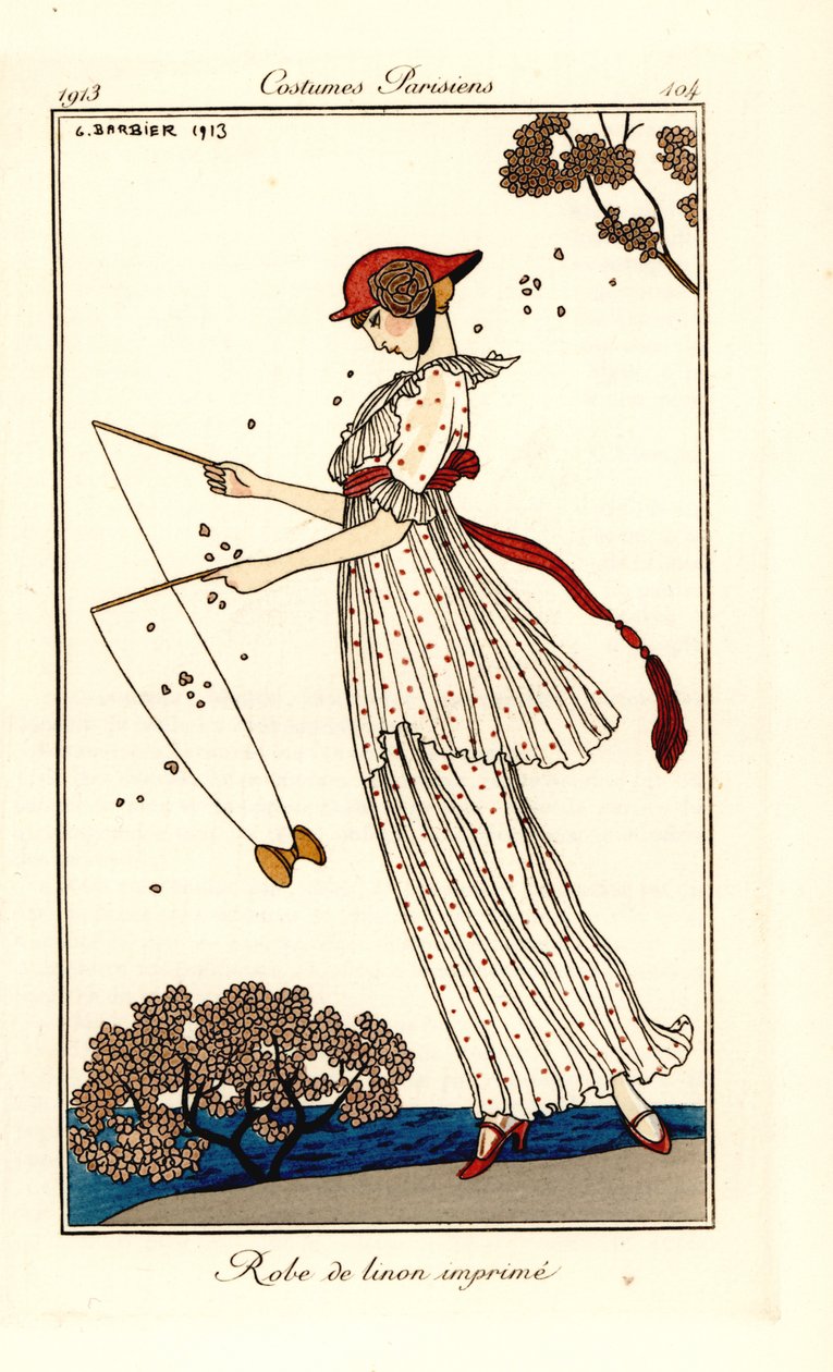 Femme en robe de lin imprimé jouant au diabolo - Georges Barbier