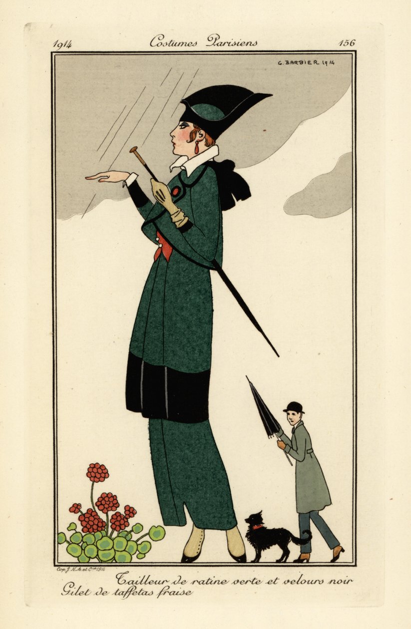 Femme en costume de ratine verte et velours noir - Georges Barbier