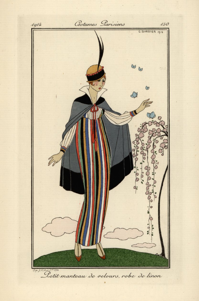 Femme en robe de lin rayée avec une courte veste en velours - Georges Barbier