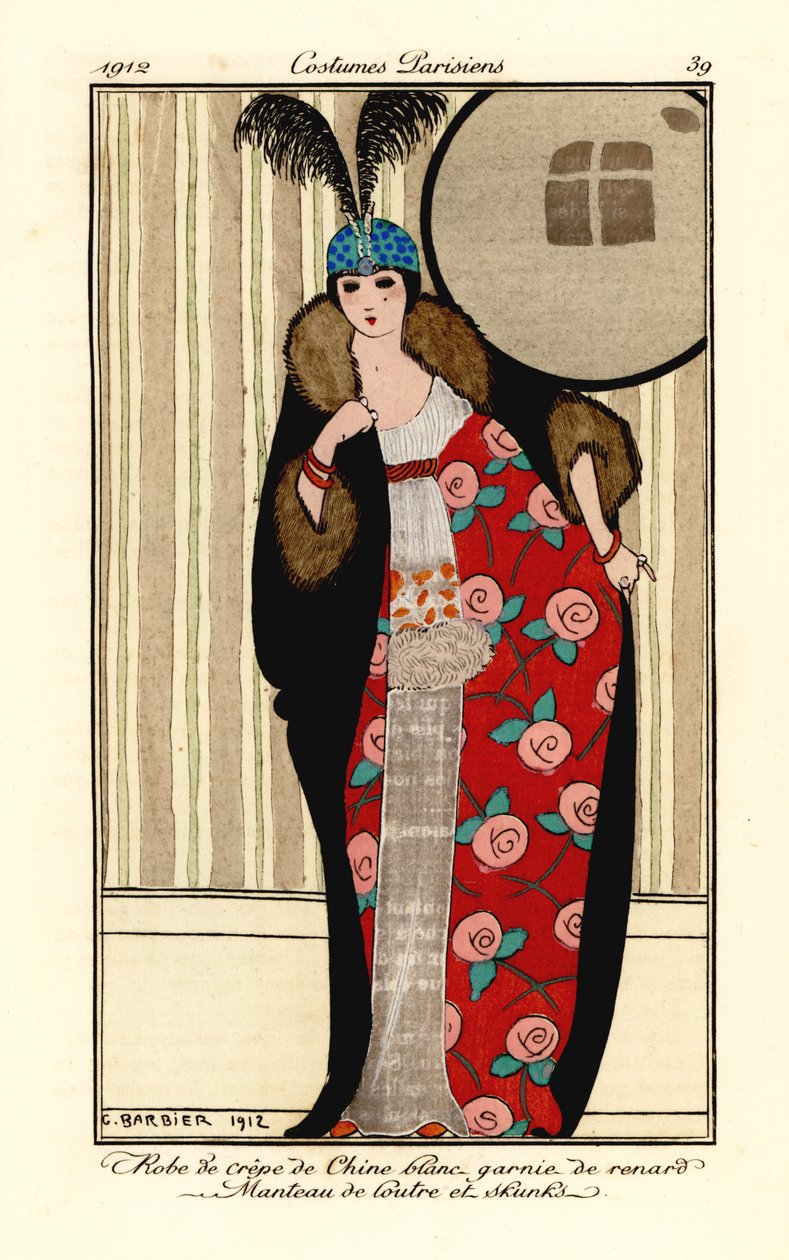 Femme en robe de crêpe de chine blanc, cape de loutre et de mouffette doublée de motif floral, toque avec plumes - Georges Barbier