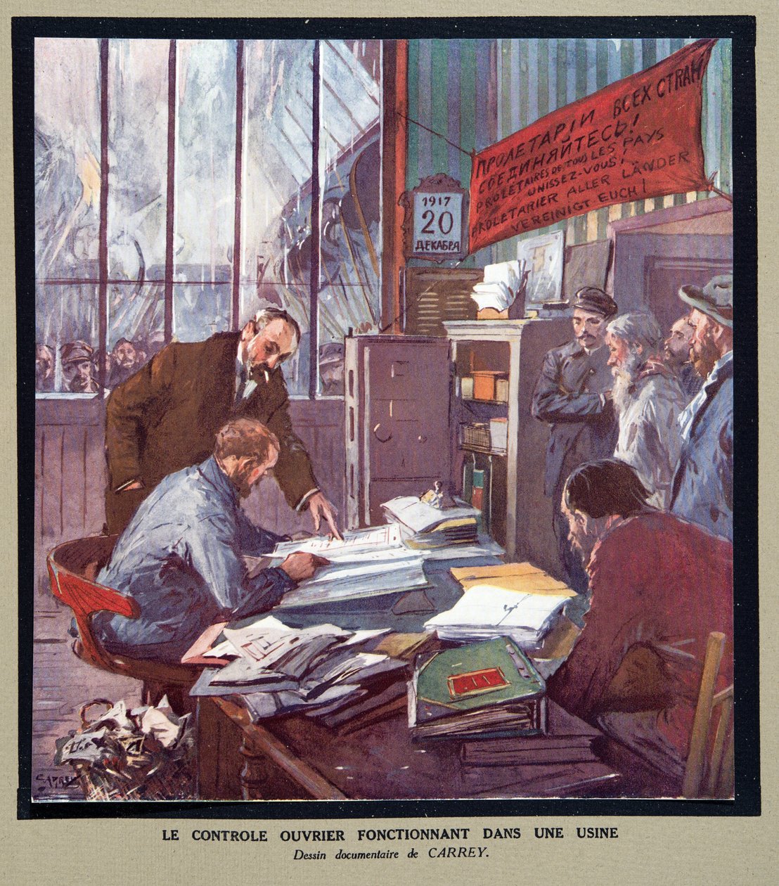 Contrôle ouvrier opérant dans une usine soviétique au moment de la Révolution en 1917, de Histoire des Soviets, pub. 1922 - Georges Carrey