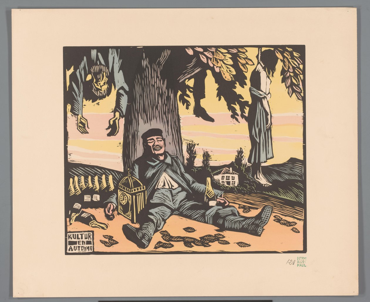 Soldat allongé contre un arbre avec des personnes pendues (Kultur en automne) - Georges Hermann Rene Paul