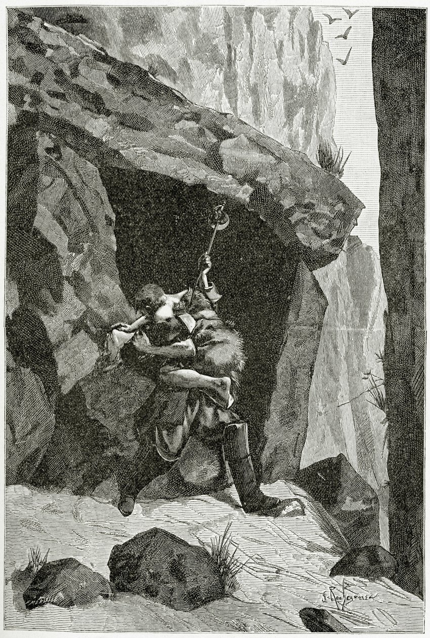 Combat d’Han d’Islande et d’Ordener - illustration de Han d’Islande, 19e siècle (gravure en noir et blanc) - Georges Marie Rochegrosse