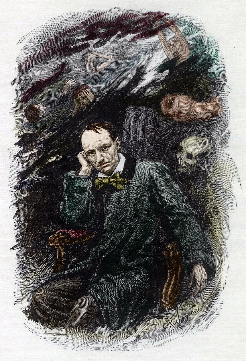 Portrait du poète français Charles Baudelaire entouré de ses fantômes, illustration pour « Les Fleurs du mal » par Georges Antoine Rochegrosse - Georges Marie Rochegrosse