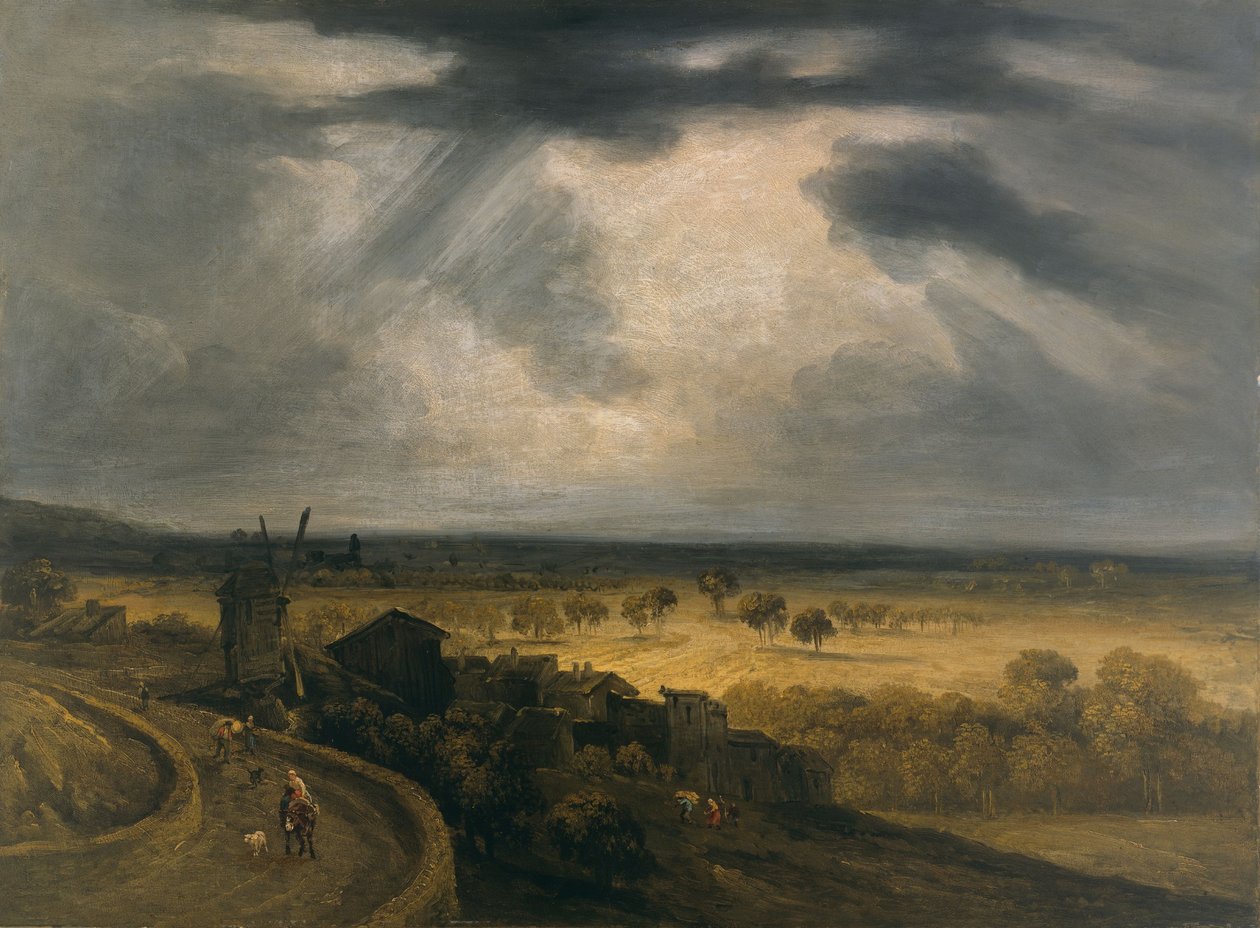 Paysage de Montmartre avec moulin à vent, vers 1810-20 (huile sur papier sur carton dur sur toile) - Georges Michel