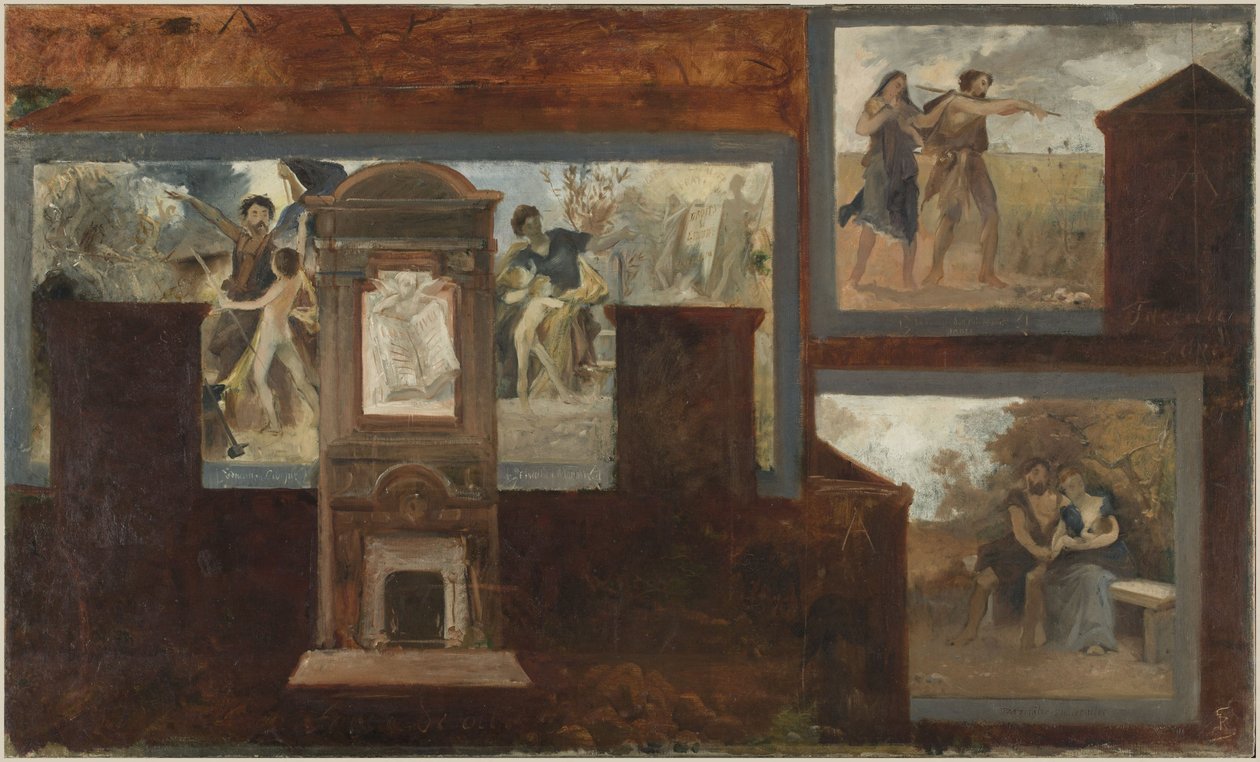 Esquisse pour la mairie du 15e arrondissement : Éducation civique. Éducation morale. Les femmes doivent suivre leurs maris. Paternité. Maternité, en 1884 - Georges Recipon