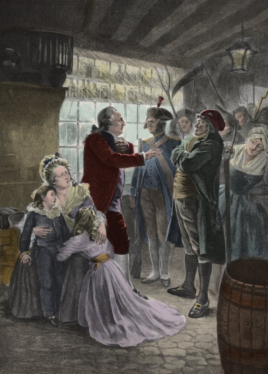 Révolution française : 21 juin 1791 La famille royale (Louis XVI roi de France, la reine Marie-Antoinette et leurs deux enfants Madame Élisabeth la sœur du roi et la gouvernante des enfants) rattrapée à l