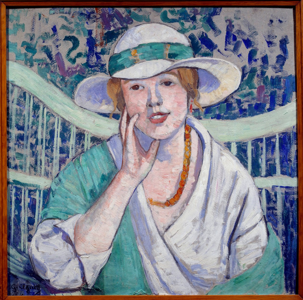 Portrait de dame au chapeau blanc et vert - Georgette Agutte