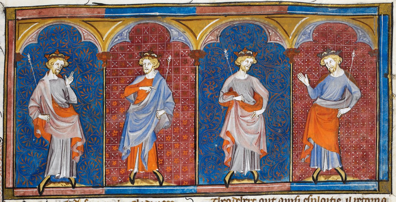 Clodomire, Childebert, Théodoric et Clothaire, extrait des Chroniques de France ou de St Denis, 14e siècle (22093692824) - Georgia Levan Ramishvili from Tbilisi