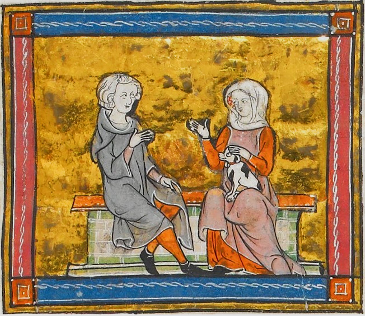 Lancelot en conversation avec une dame qui tient un petit chien noir et blanc, tiré de Morte Artu, vers 1315-1325 (41067329535) - Georgia Levan Ramishvili from Tbilisi