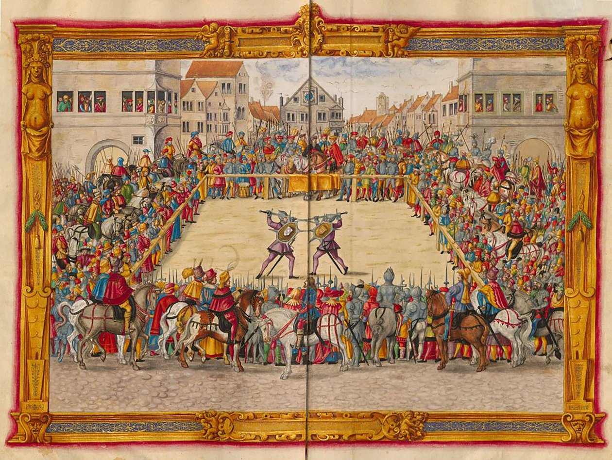 Le maréchal Wilhelm von Dornsberg et Theodor Haschenacker se livrant à un duel au marché aux vins d