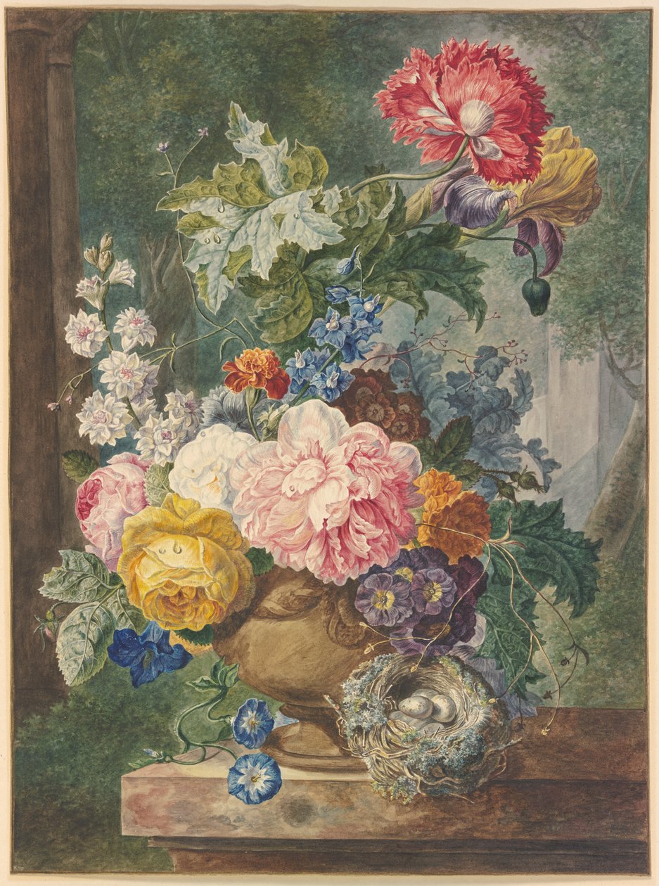 Bouquet de fleurs dans un vase avec un nid d