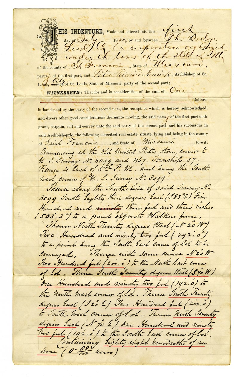 Transfert de terrain par Desloge Lead Co. à Peter Richard Kenrick, archevêque de Saint-Louis, pour la somme de 1 $. Propriété transférée - Gerald B. Allen