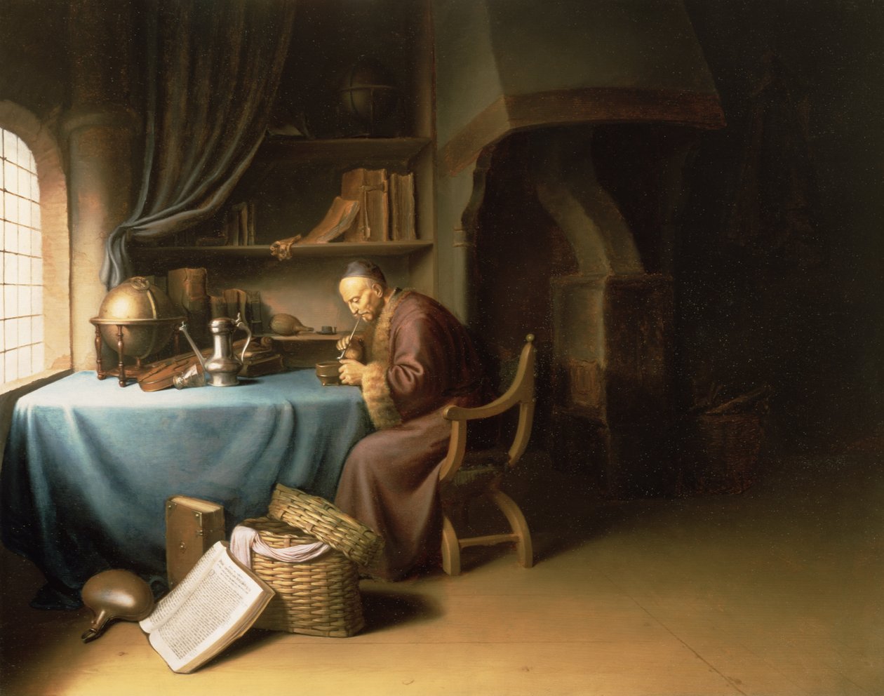 Un vieil homme allumant sa pipe dans un bureau - Gerrit Dou