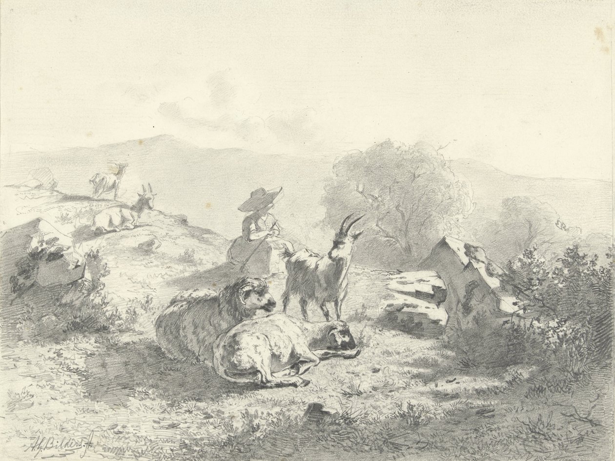 Bergère avec chèvres et moutons dans un paysage montagneux - Gerard Bilders