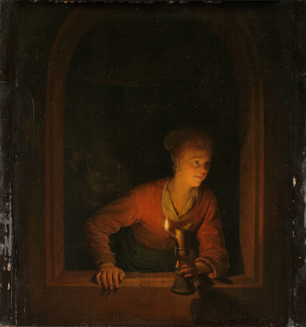 Fille avec une lampe à huile à une fenêtre - Gerrit Dou