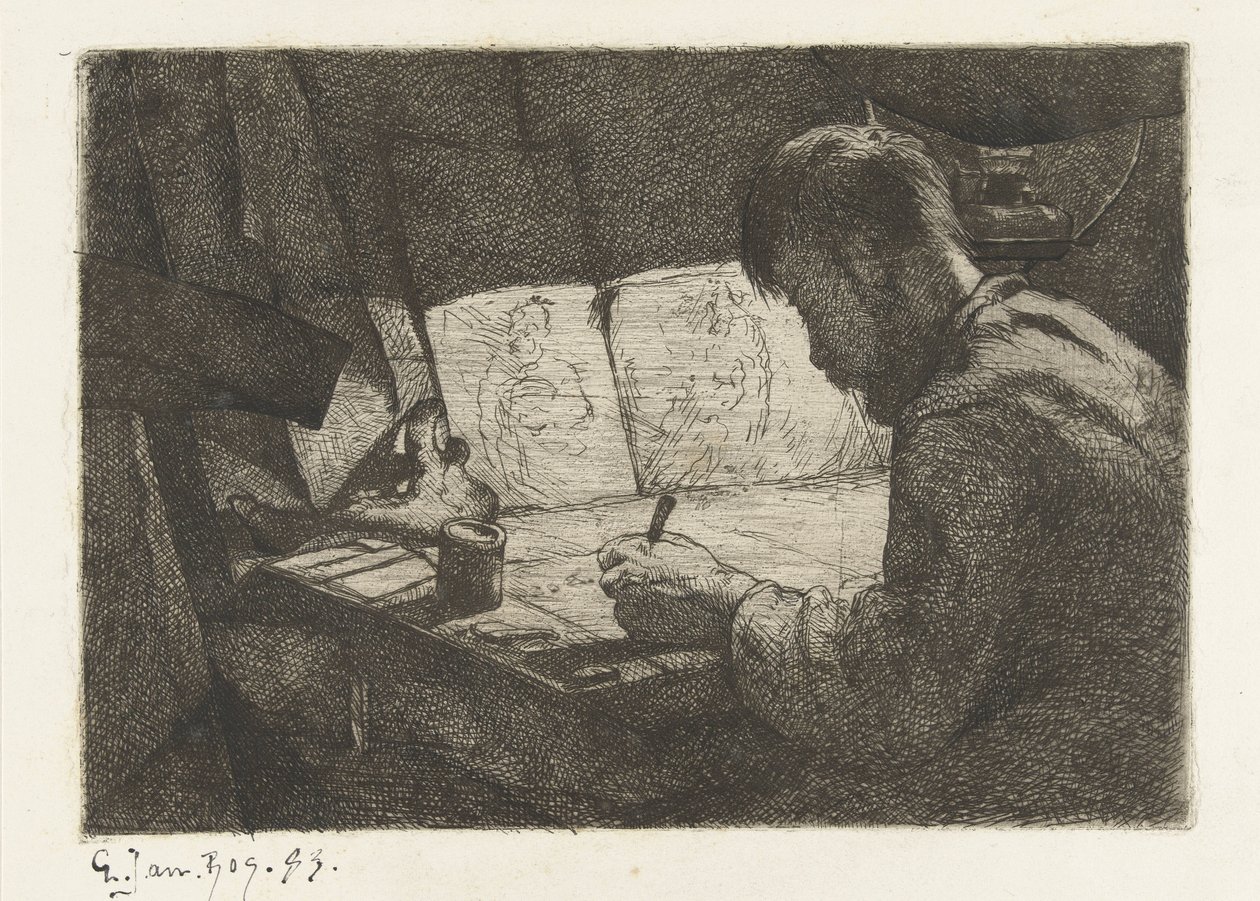 Autoportrait à la table de dessin - Gerard Jan Bos (signed by artist)