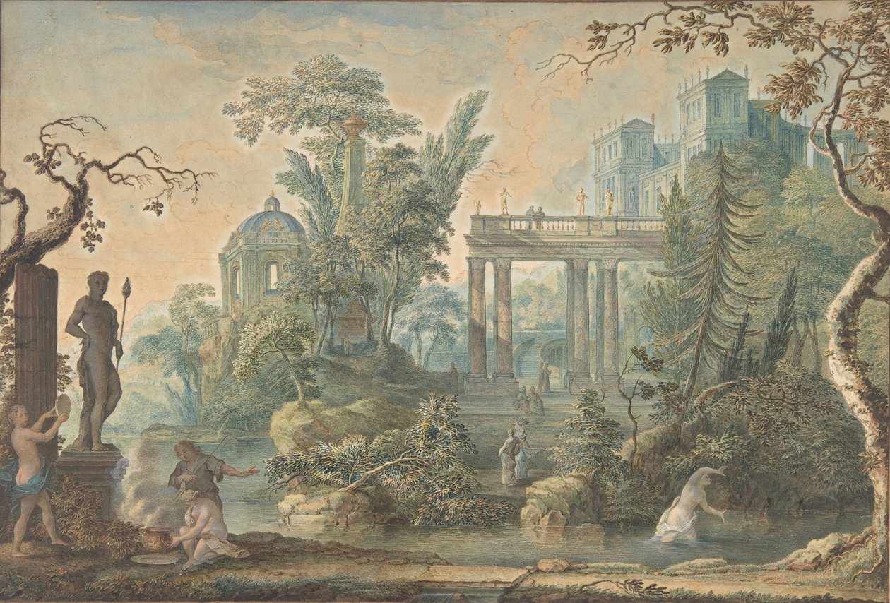 Paysage arcadien avec plusieurs figures et une statue d