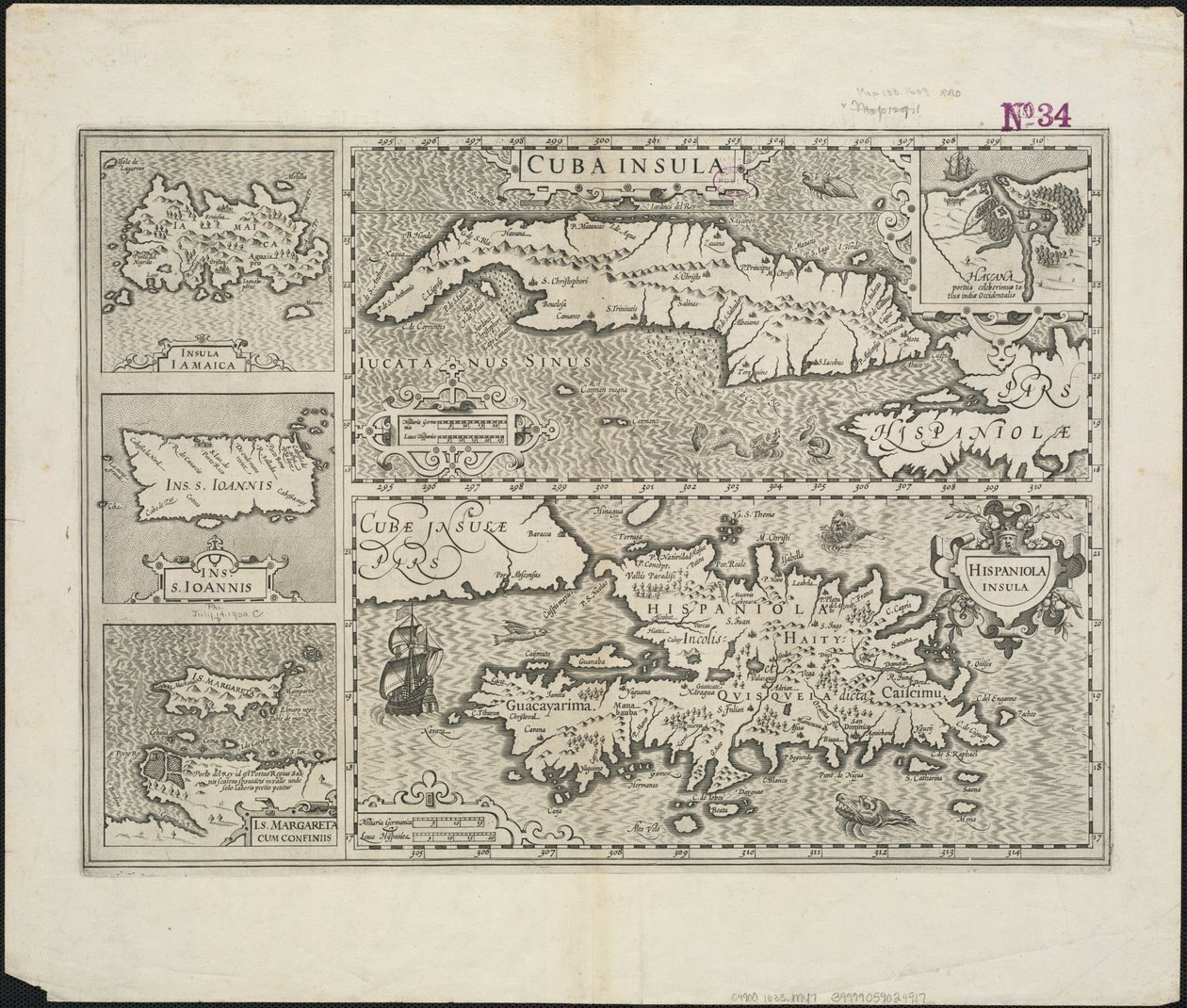 Cuba Insula ; Hispaniola Insula, gravé par Hendrik Hondius, 1633