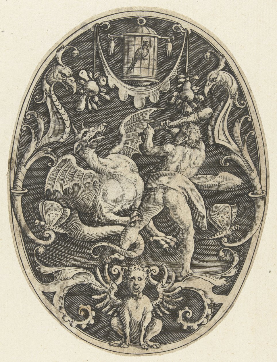 Décoration plane : Hercule tue le dragon Ladon (Ovale vlakdecoraties met de daden van Hercules in grotesken) - Gerard de Jode
