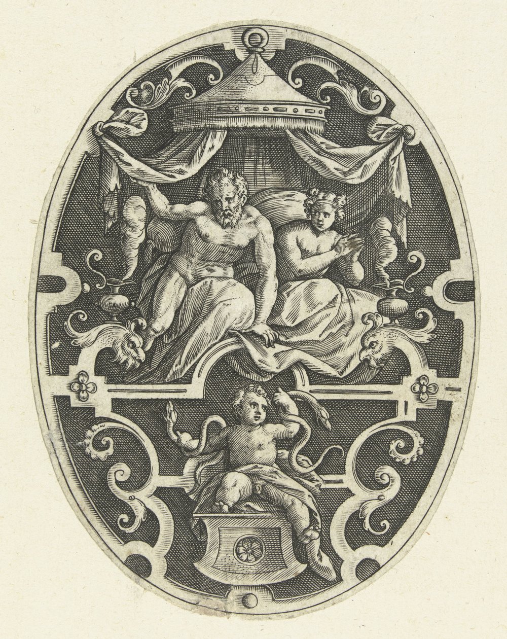 Décoration plate : Hercule étrangle les deux serpents dans son berceau - Gerard de Jode