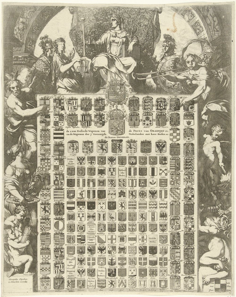 Armoiries du prince Guillaume III dans un cadre allégorique (De LXIIII Geslacht Wapenen van de Prins van Oraenjen etc. et de Wapenen der 7 Vereenigde Nederlanden met hare Steden etc.) - Gerard de Lairesse