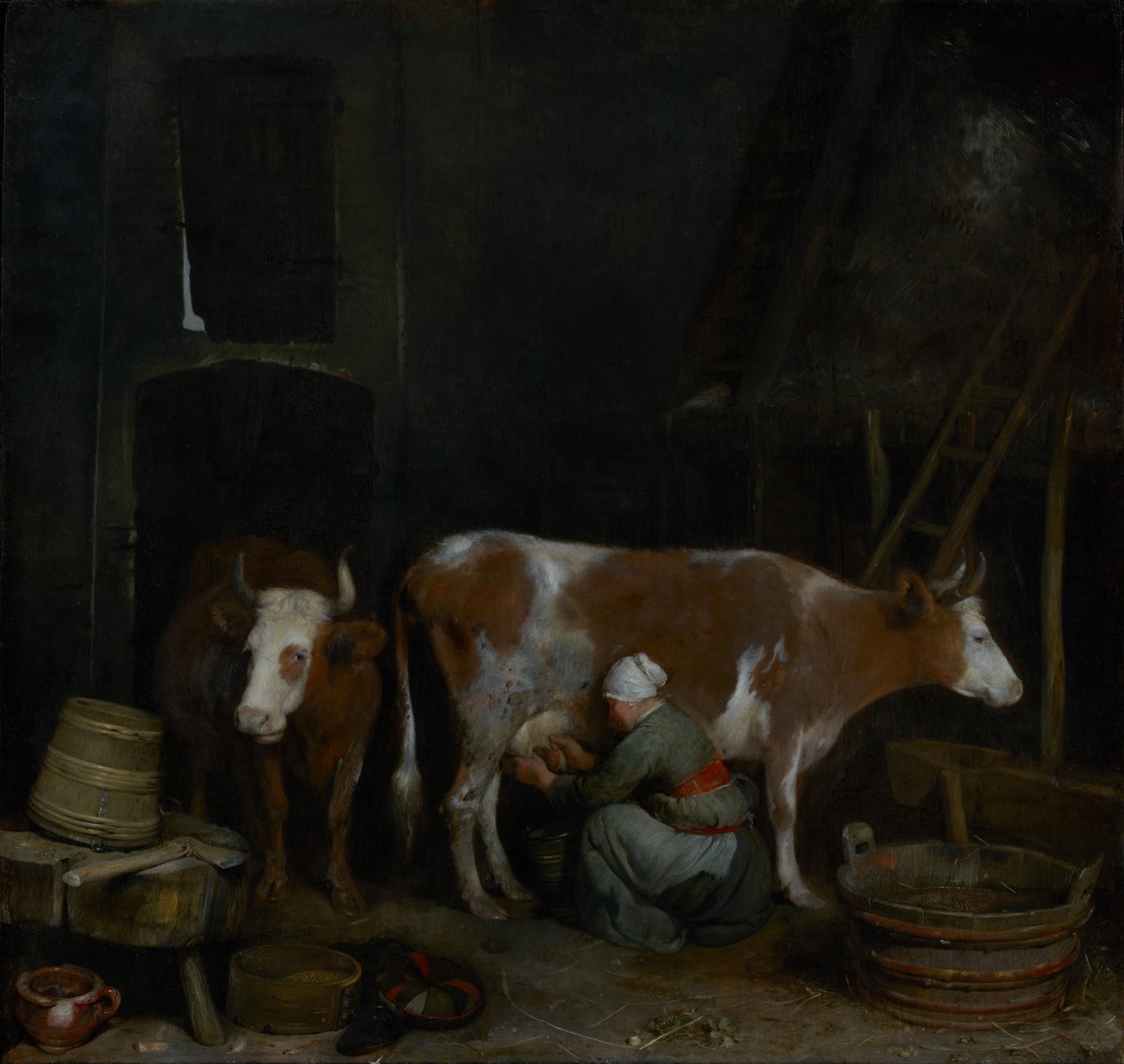 Une servante trayant une vache dans une grange - Gerard ter Borch