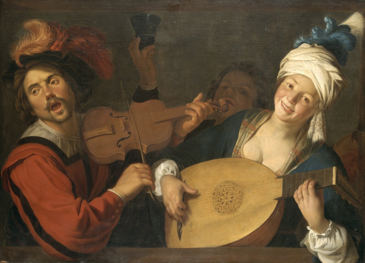 Français :  Le Concert Couple faisant de la musique derrière une balustrade - Gerard van Honthorst
