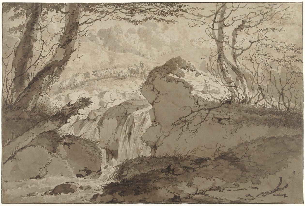 Paysage montagneux avec cascade entre les arbres, où un berger conduit son troupeau - Gerard van Nijmegen