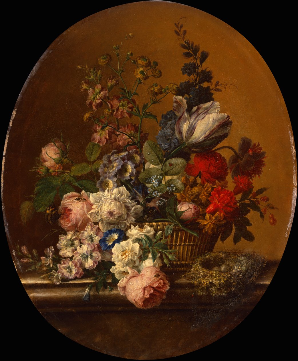 Nature morte de fleurs dans un panier avec un nid de moineau sur un rebord de pierre - Gerard van Spaendonck