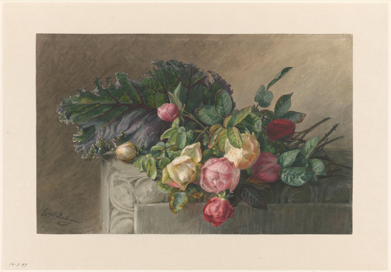Nature morte avec roses et feuille de chou - Gerardina Jacoba van de Sande Bakhuyzen