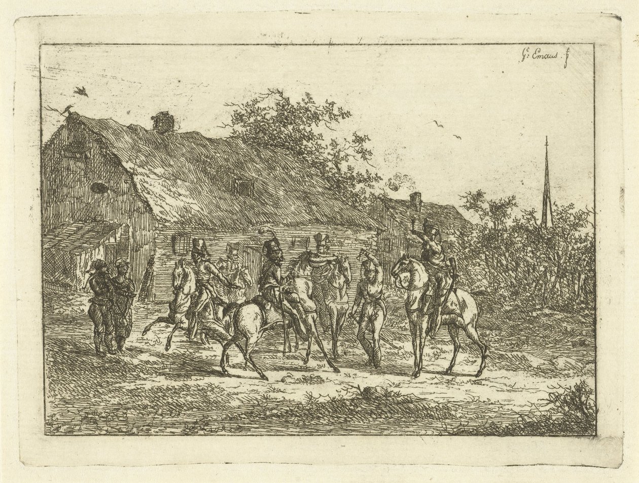 Cavalerie dans un village - Gerardus Emaus de Micault
