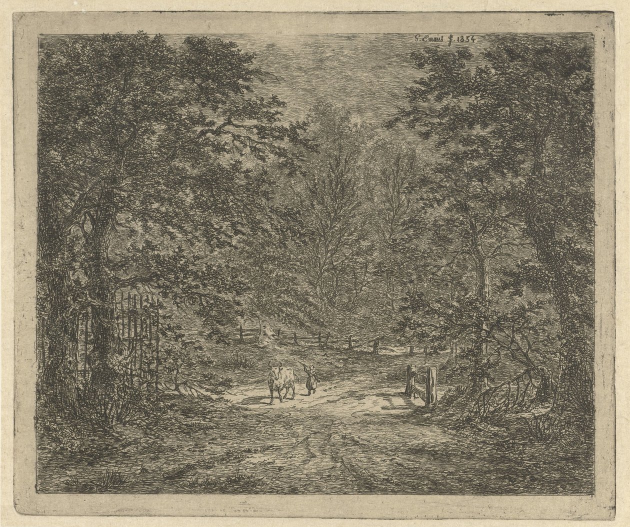 Bergère avec vache dans la forêt (la vache dans la forêt de Bentheim) - Gerardus Emaus de Micault