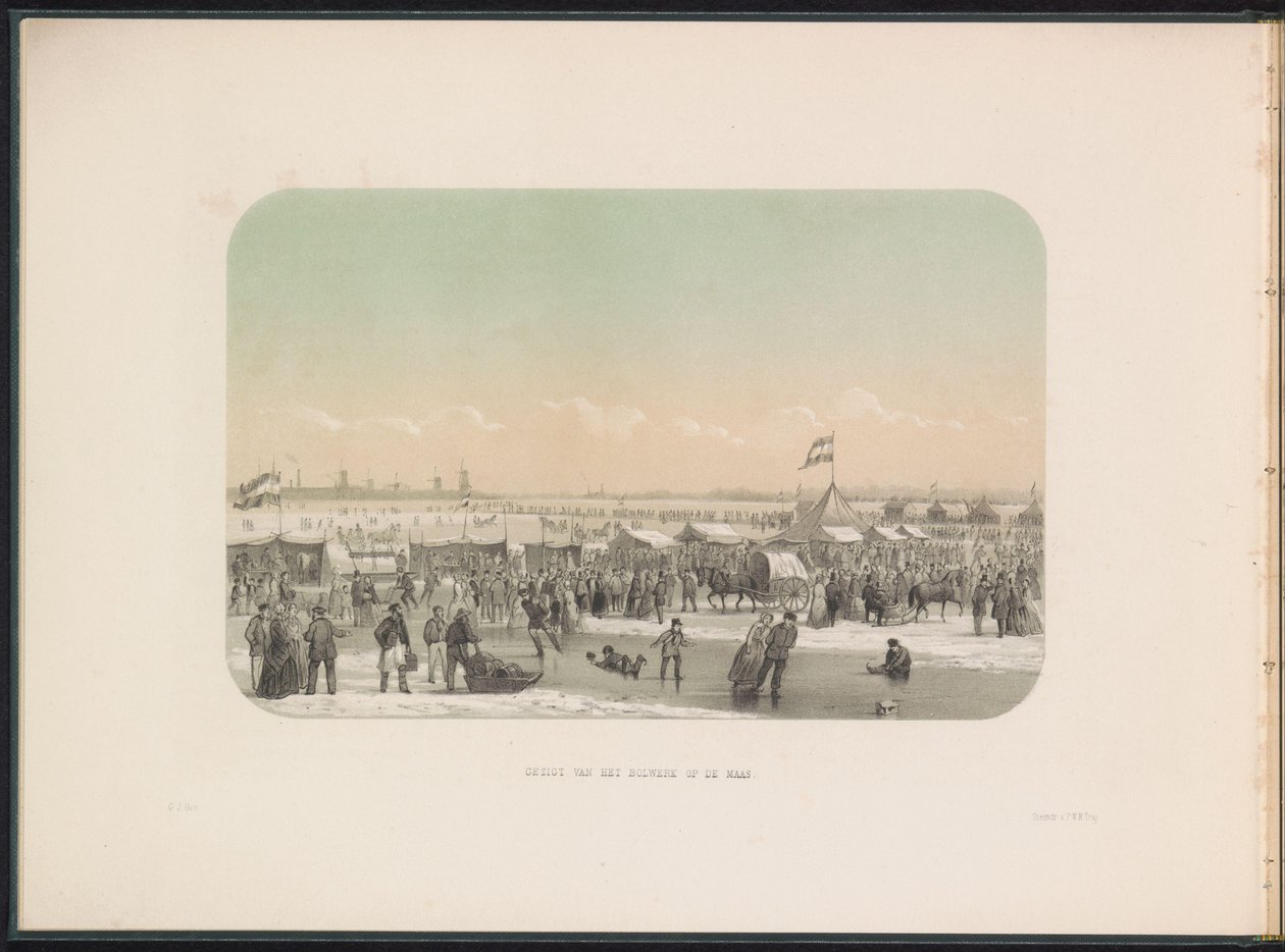 Divertissement sur glace sur la Meuse à Rotterdam, vu depuis le bastion, 1855 - Gerardus Johannes Bos