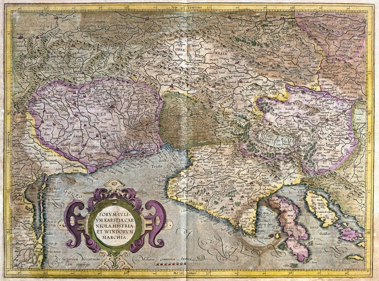 Frioul, Italie - Slovénie (Istrie) avec le golfe de Trieste et les Balkans (gravure) - Gerardus Mercator