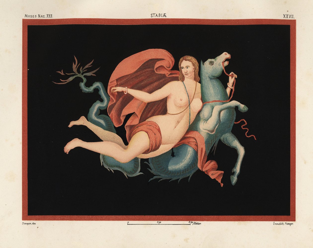 Une Néréide (nymphe de la mer) en manteau et bracelets chevauchant un monstre marin ou hippocampe, moitié cheval et moitié poisson. Museo Naz. XXII, Stabiae. Dessiné et chromolithographié par Victor Steeger de Emile Presuhn (1844-1878) Les Plus Belles Pein - Geremia Discanno