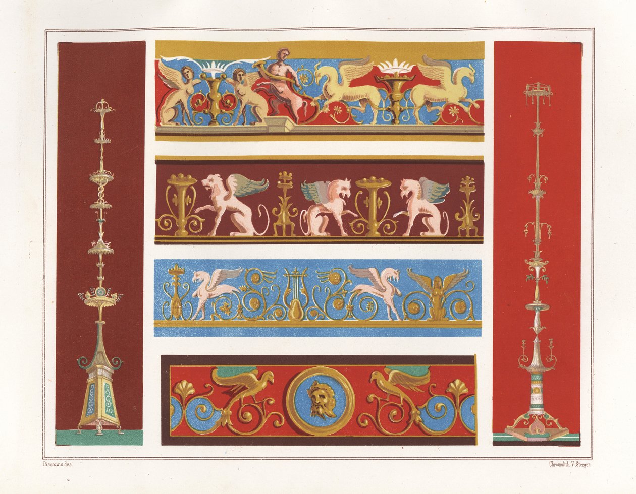 Candélabre (gauche) de la Casa del Panettiere ou Maison du Boulanger, VII.III.30, candélabre (droite) et frise (haut) de la Maison de Caecilius Iucundus, V.I.26, arabesques avec griffons de la Casa dei Dioscuri ou Maison de Castor et Pollux, VI.IX.6 - Geremia Discanno