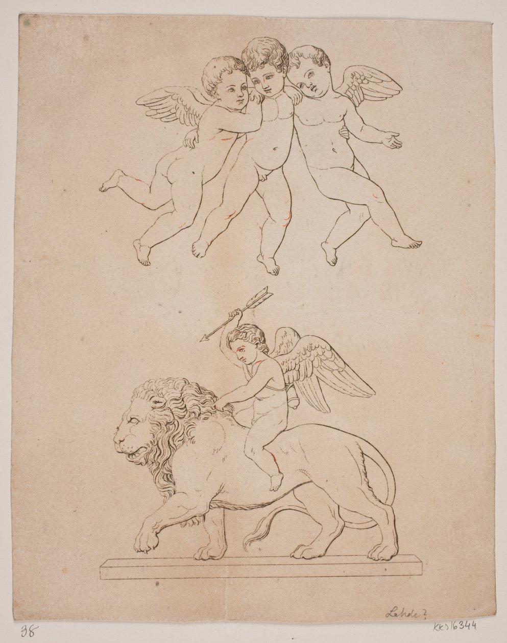 Tableau avec trois amours et en dessous amour sur un lion - Gerhard Ludvig Lahde