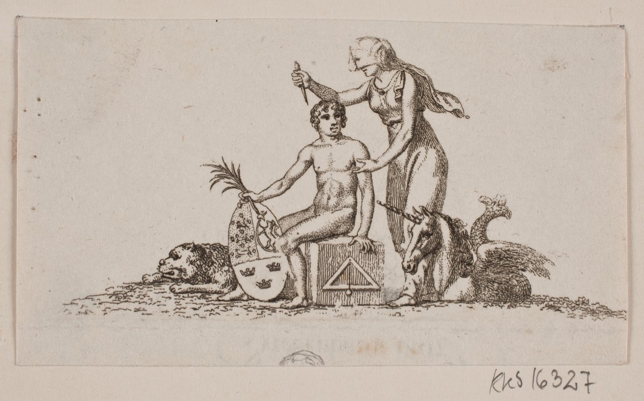 Vignette avec femme, jeune homme assis et licorne - Gerhard Ludvig Lahde