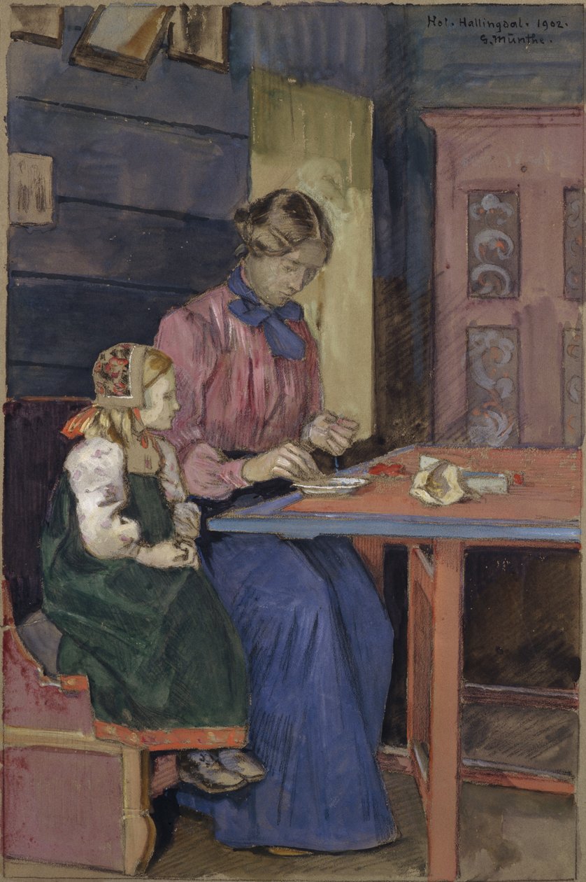 Jeune fille de Hallingdal apprenant à enfiler des perles - Gerhard Peter Frantz Vilhelm Munthe