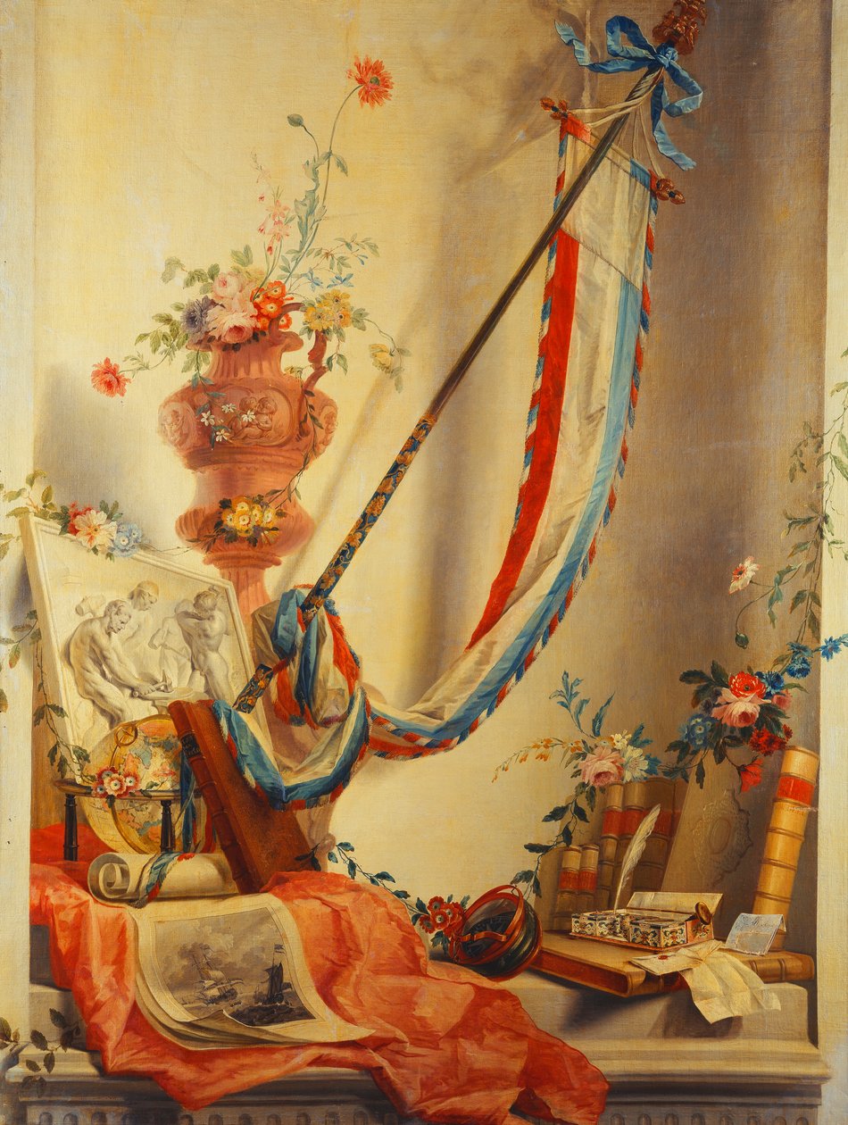 Une bannière, des fleurs dans une urne, un relief, un globe, une gravure, une boussole, un nécessaire d