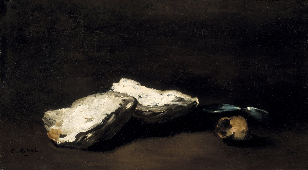 Sur une table, des huîtres, deux moules et un escargot. - Germain Ribot