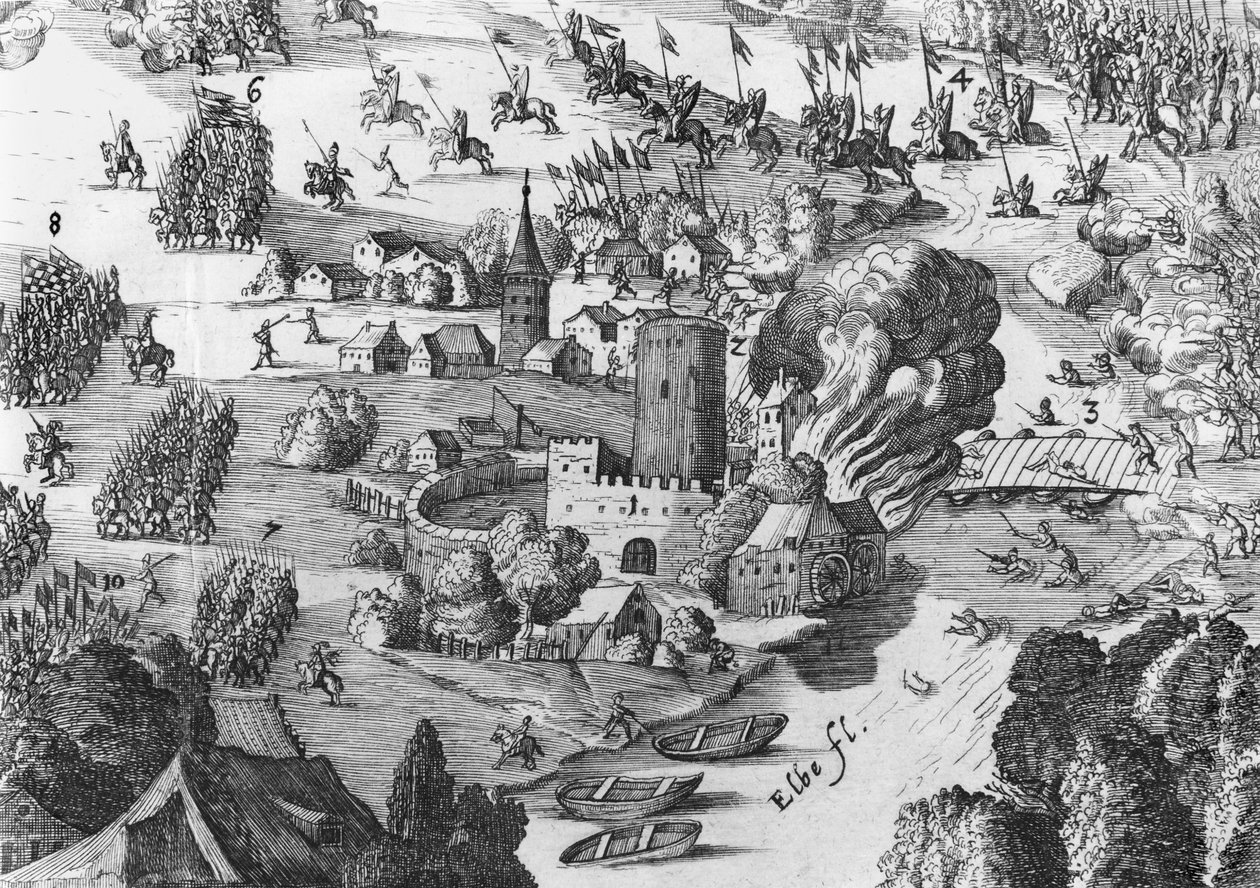 Vue générale de la bataille de Mühlberg, détail, 24 avril 1547 - German School