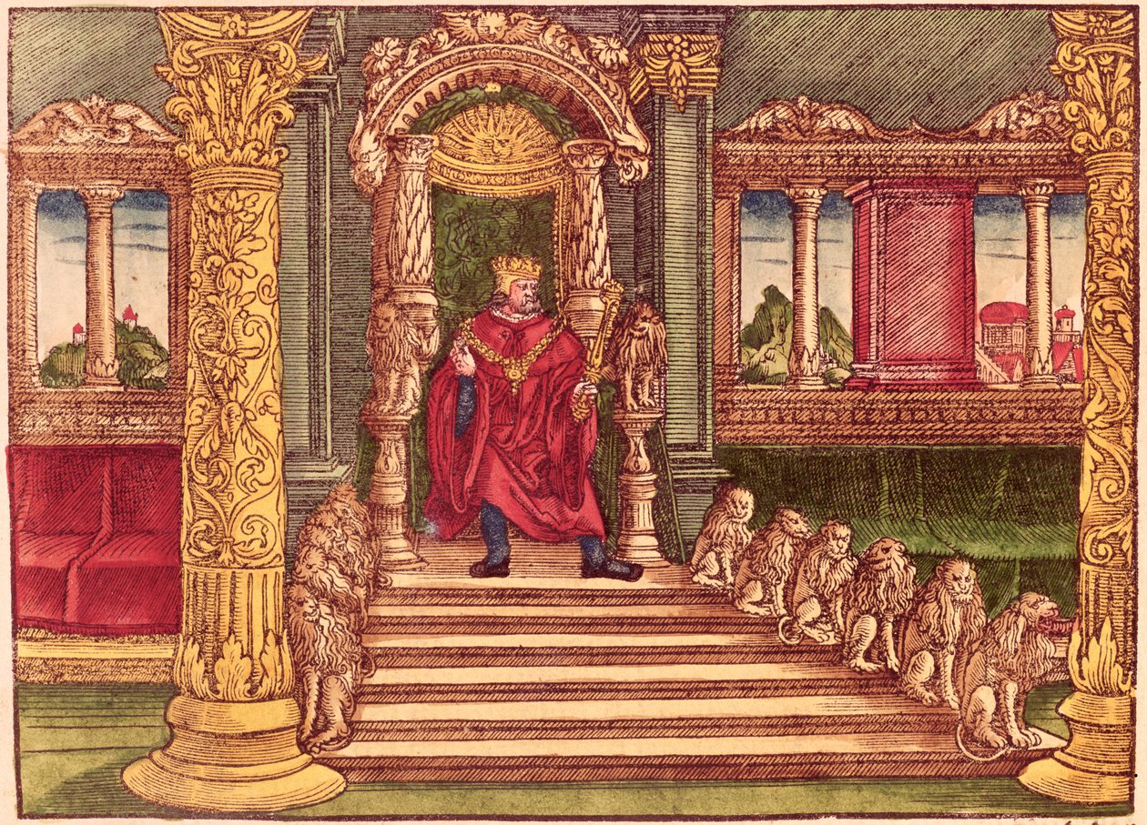Le roi Salomon sur son trône, 1ère édition, de la Bible de Luther, vers 1530 - German School