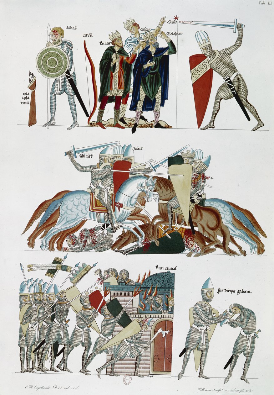 Les Mages, la Bataille de Josué et le Siège de Dan, du Hortus Deliciarum par Herrade de Landsberg, copie fac-similé d